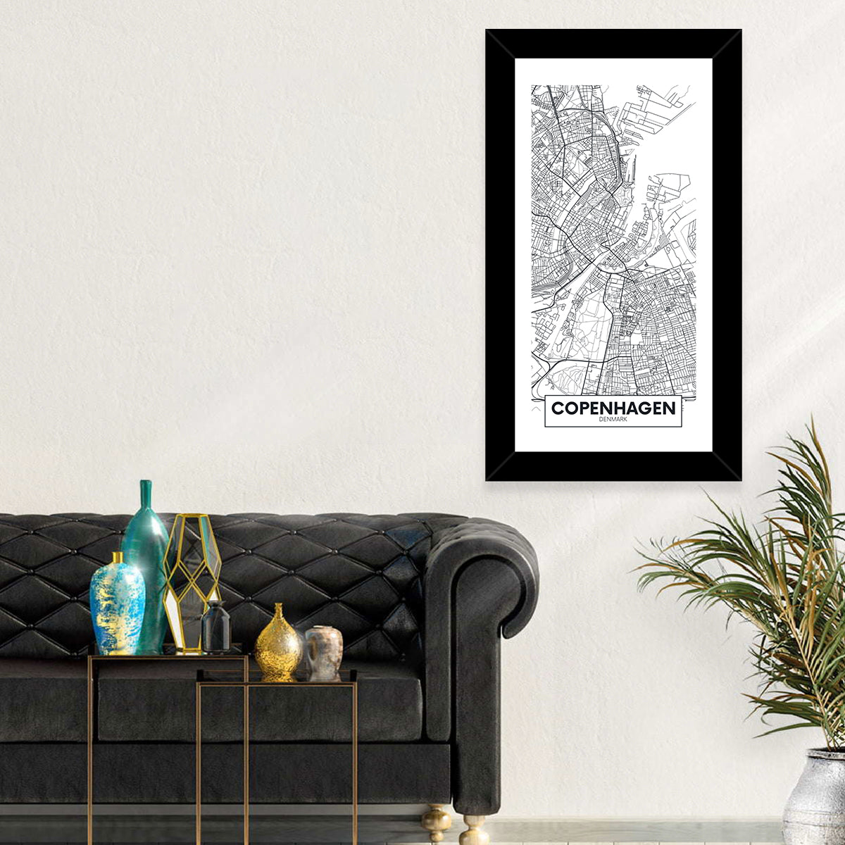 Copenhagen City Map Wall Art in a room, portrait