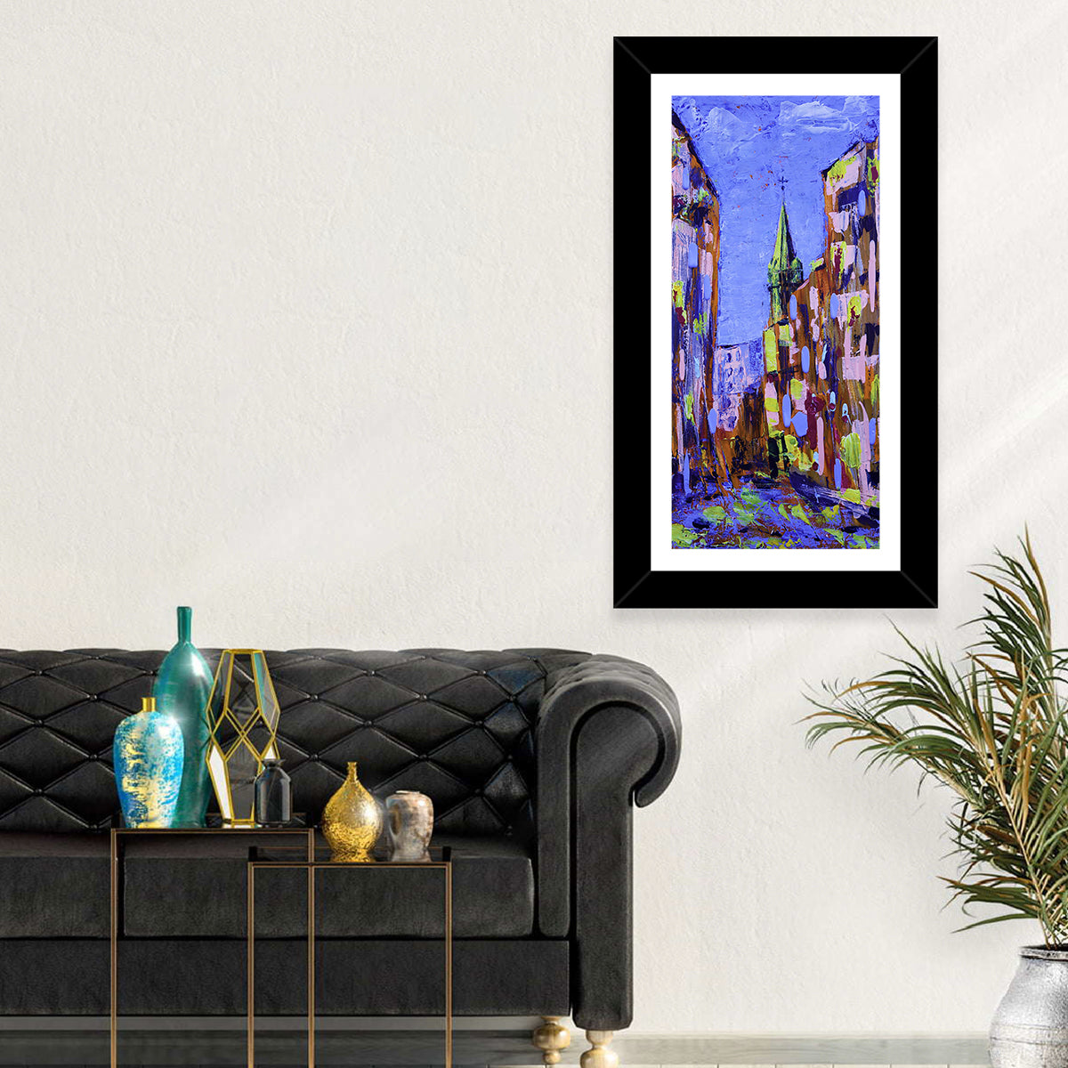 Old City Street with Steeple Wall Art in a room, portrait
