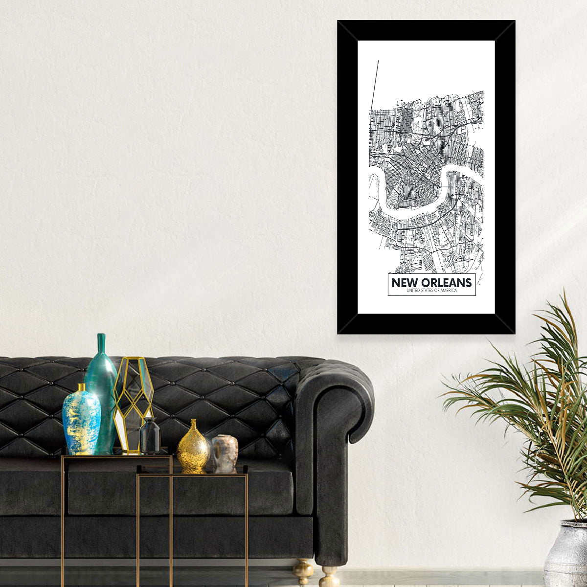 New Orleans Minimalist City Map Wall Art in a room, portrait