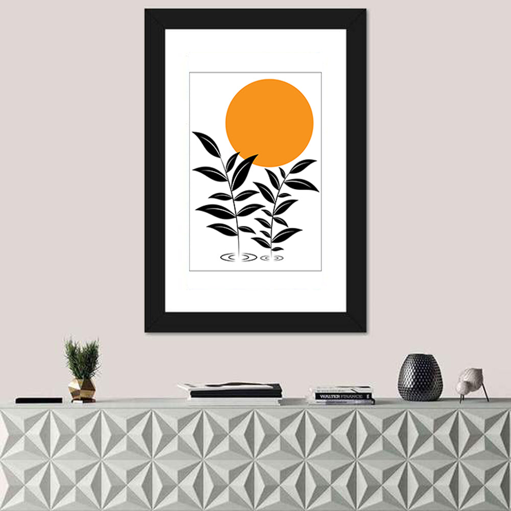 Minimalist Sun and Leaf Illustration Wall Art in a room, portrait