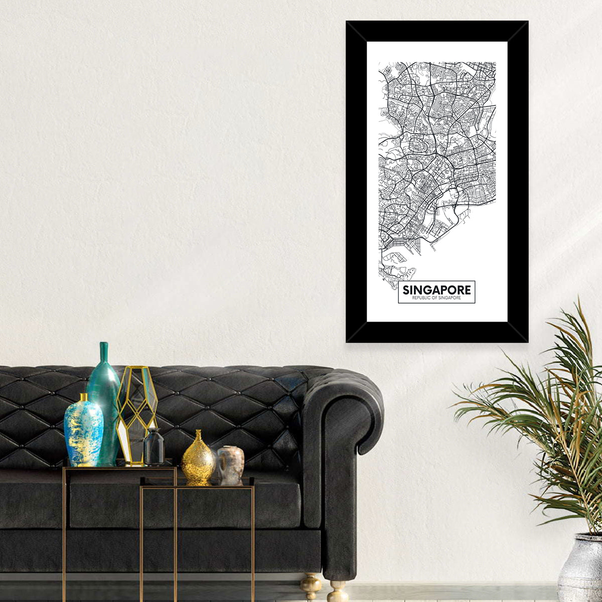 Singapore Minimalist City Map Wall Art in a room, portrait