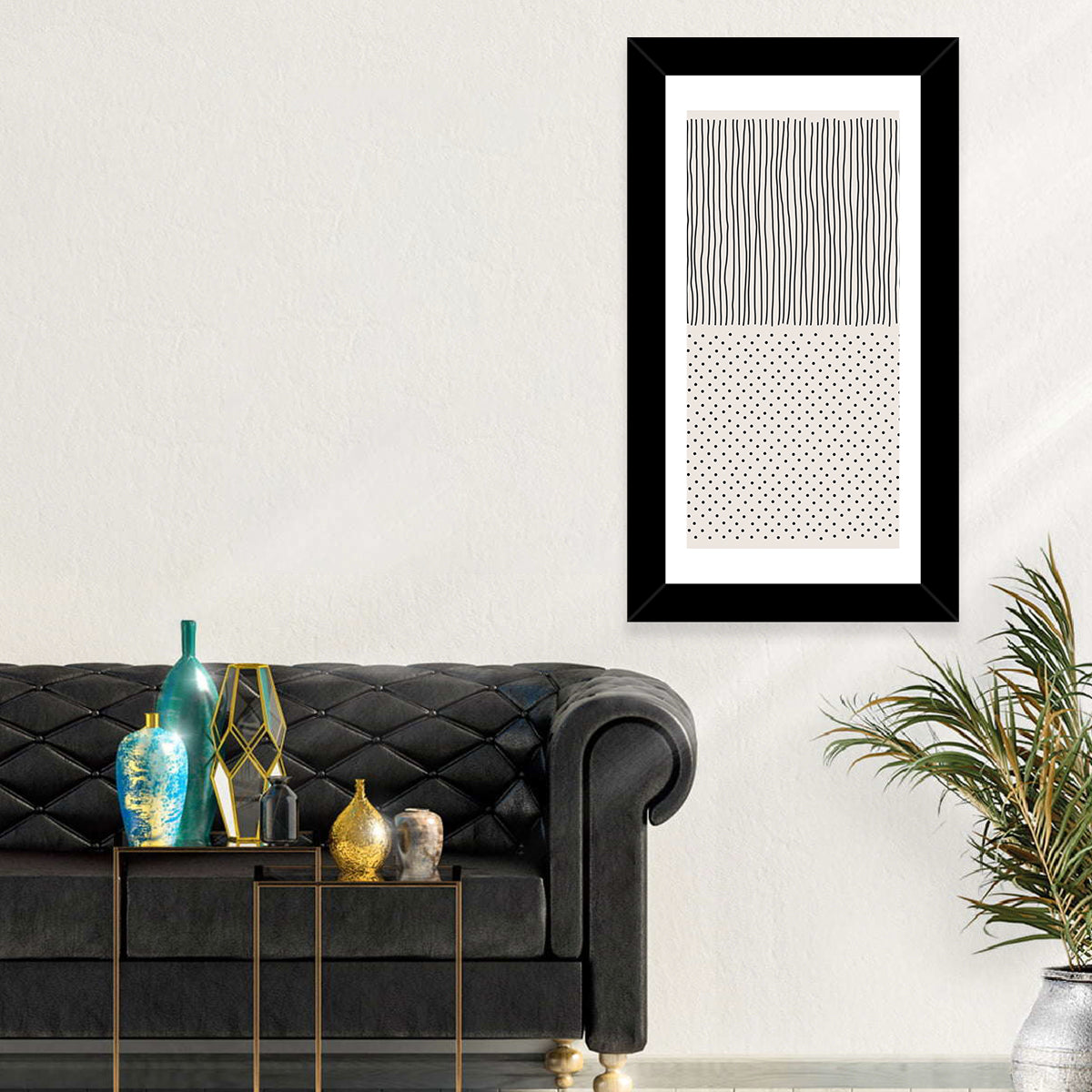 Minimalist Lines and Dots Wall Art in a room, portrait