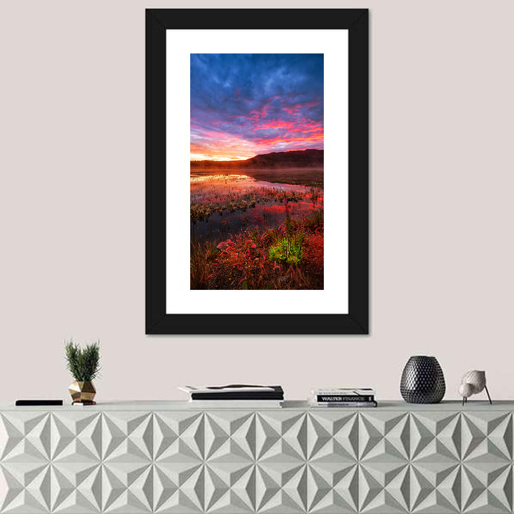 Fish Lake Yukon Sunset Wall Art in a room, portrait