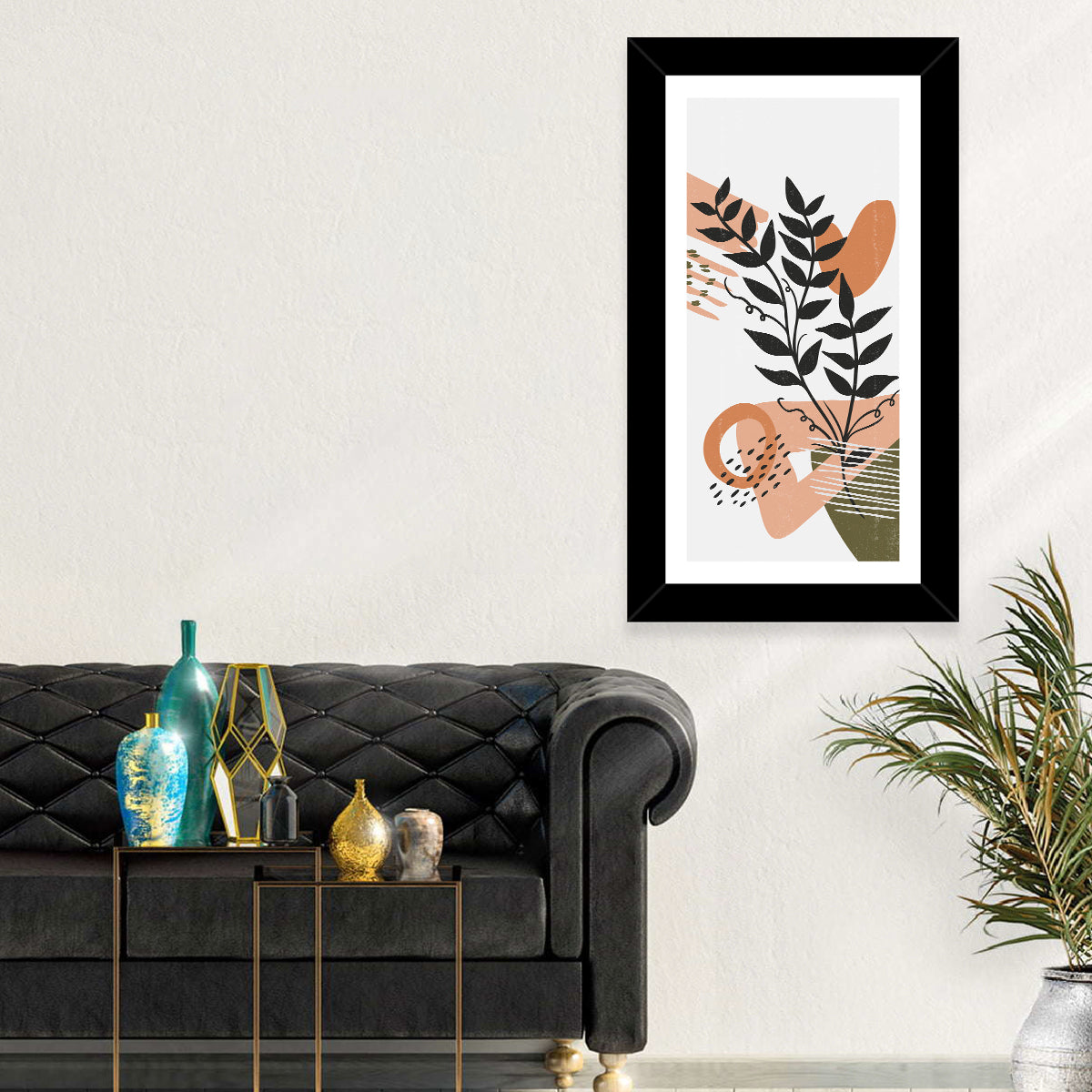 Olive Botanical Leaves Abstract Wall Art in a room, portrait