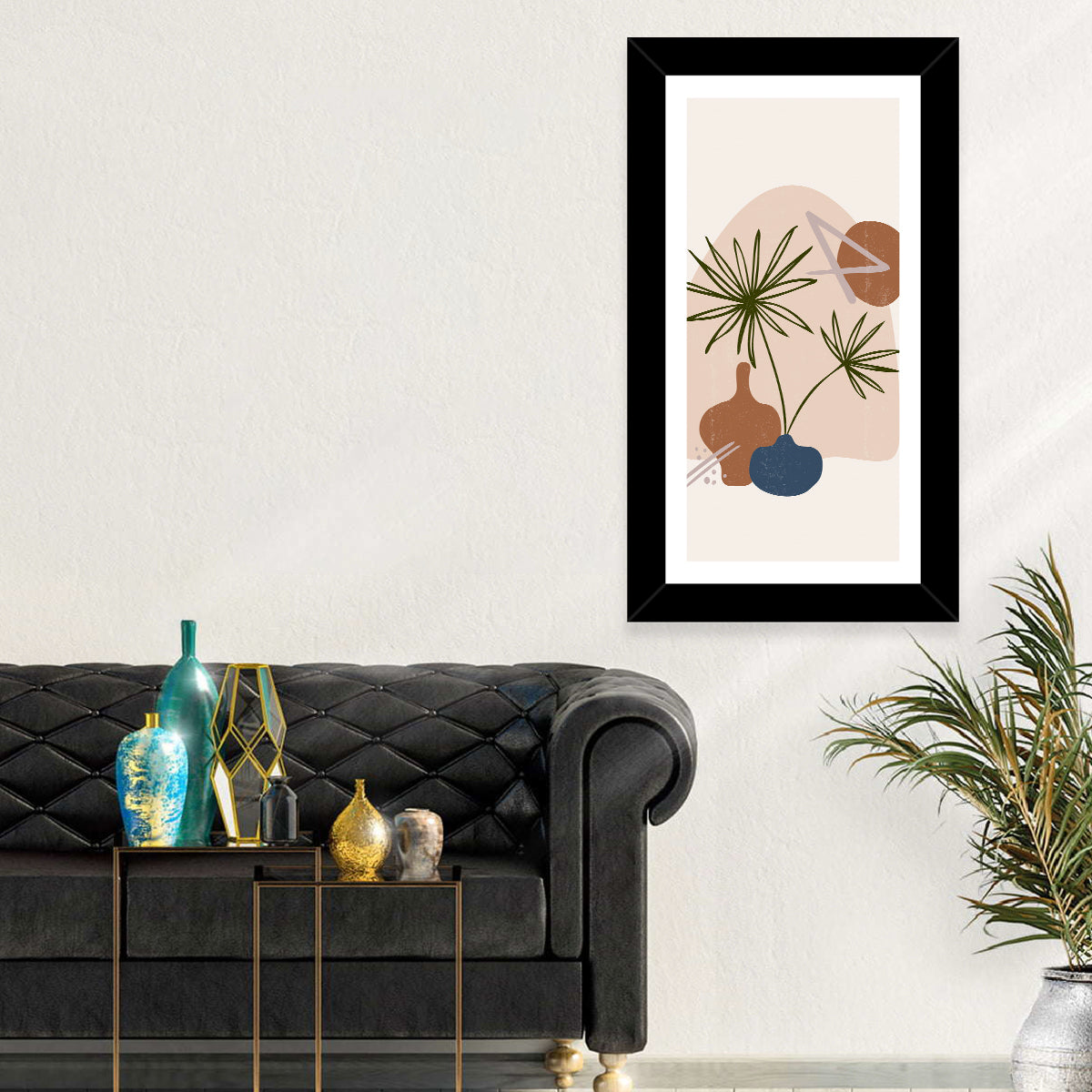 Palm Leaves and Vases Abstract Wall Art in a room, portrait