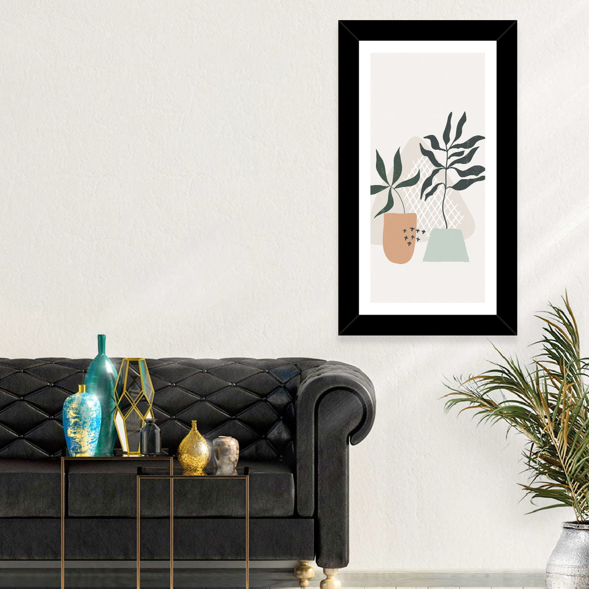 Potted Plants with Hand-drawn Grid Wall Art in a room, portrait
