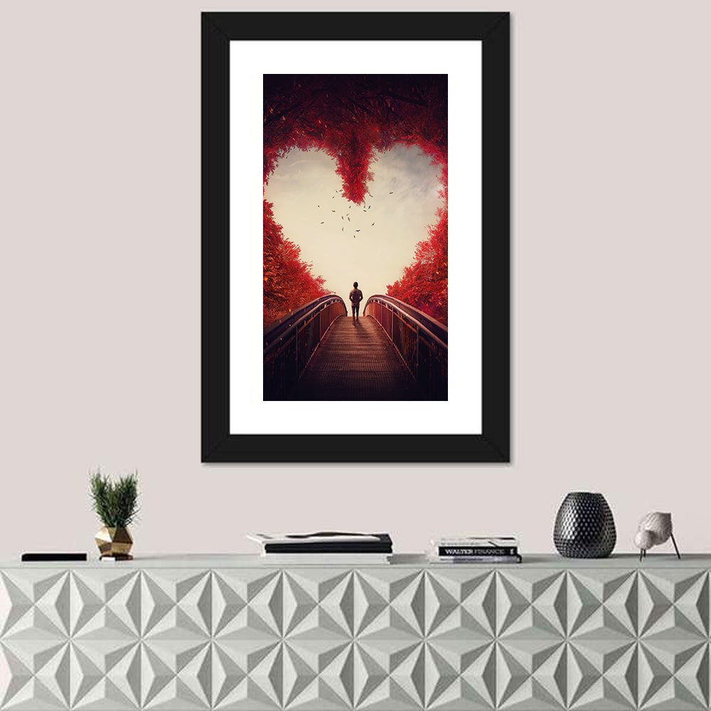 Heart Shaped Forest Path Wall Art in a room, portrait