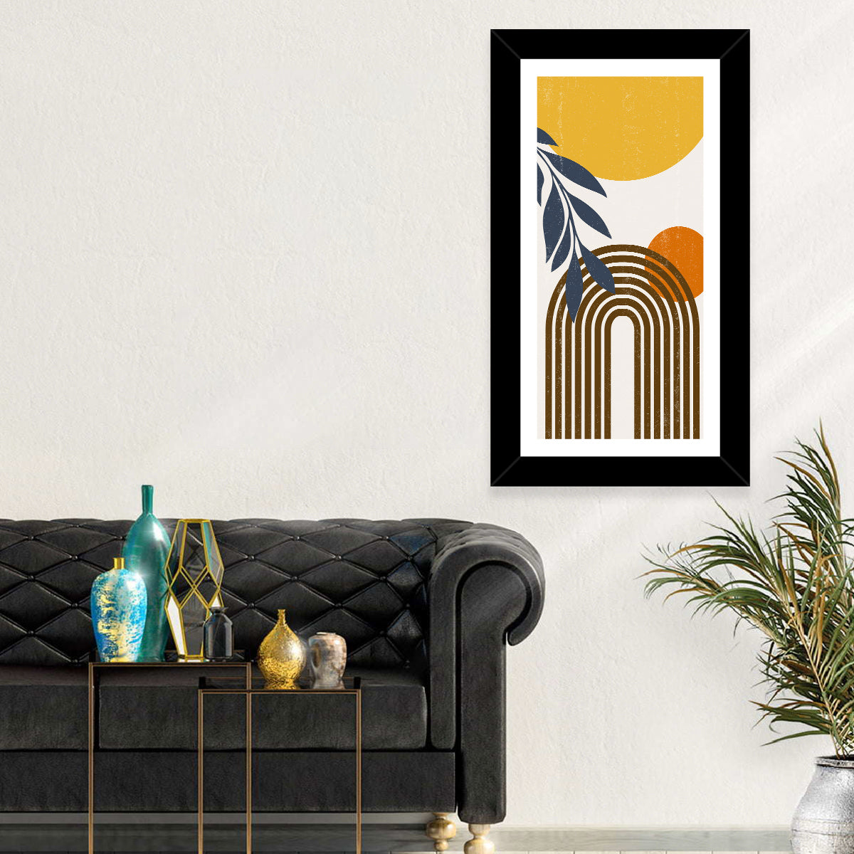 Boho Sun and Moon with Leaves Wall Art in a room, portrait