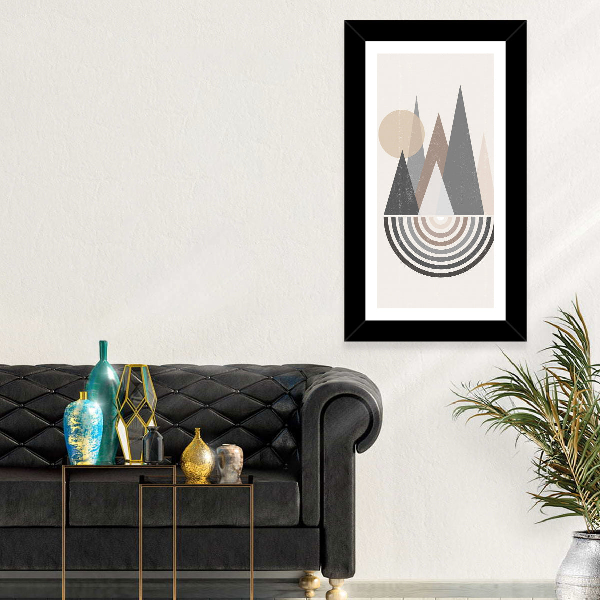 Minimalist Boho Pyramids Wall Art in a room, portrait