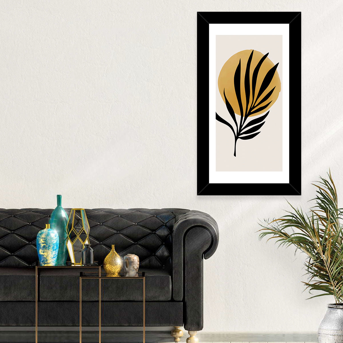 Shining Sun Palm Leaf Wall Art in a room, portrait