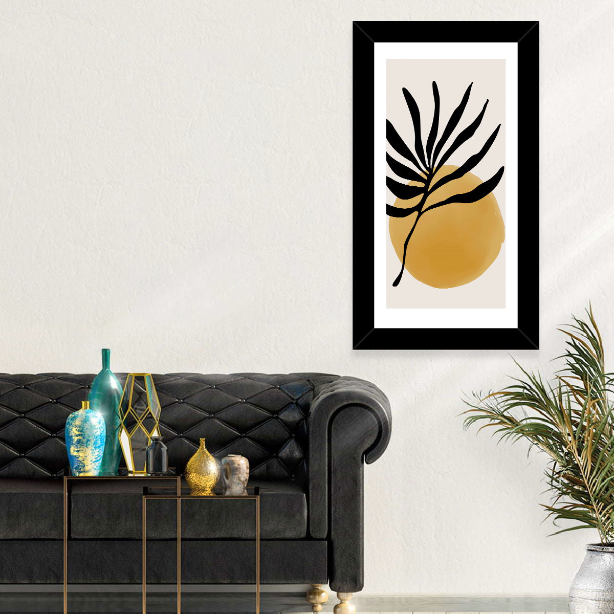 Mustard Sun with Dark Leaf Wall Art in a room, portrait