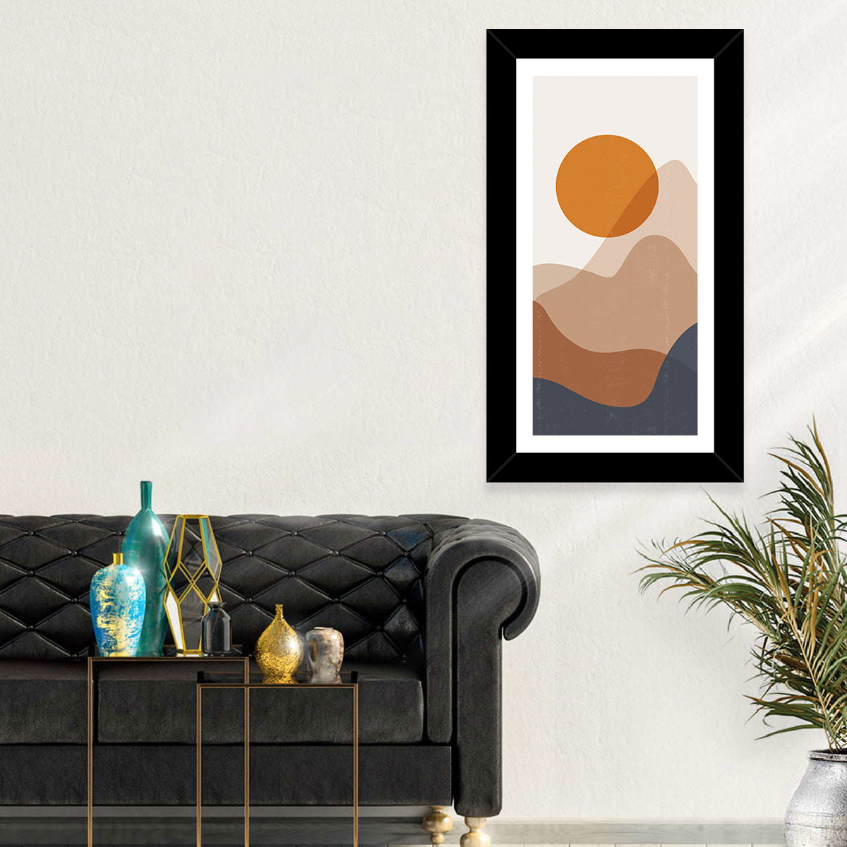Layered Sunset Mountains Wall Art in a room, portrait