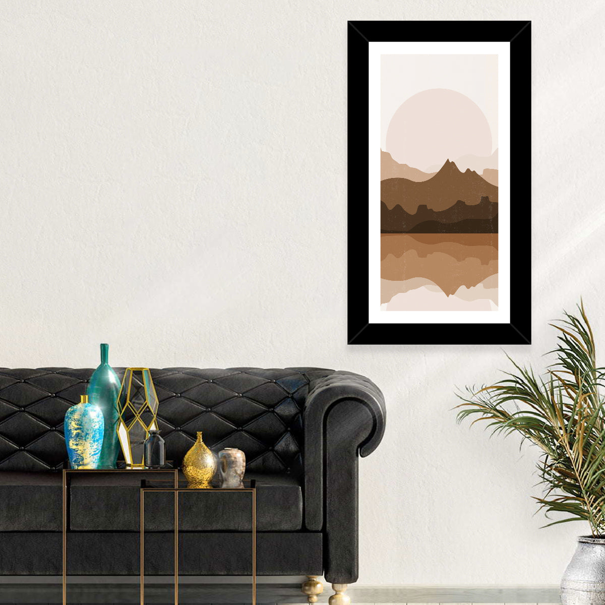 Layered Mountain Lake Sunset Wall Art in a room, portrait
