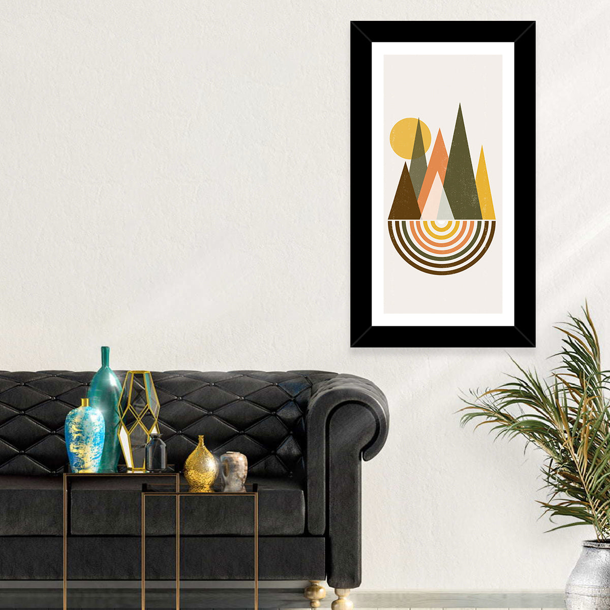 Colored Mountains Sunset Wall Art in a room, portrait