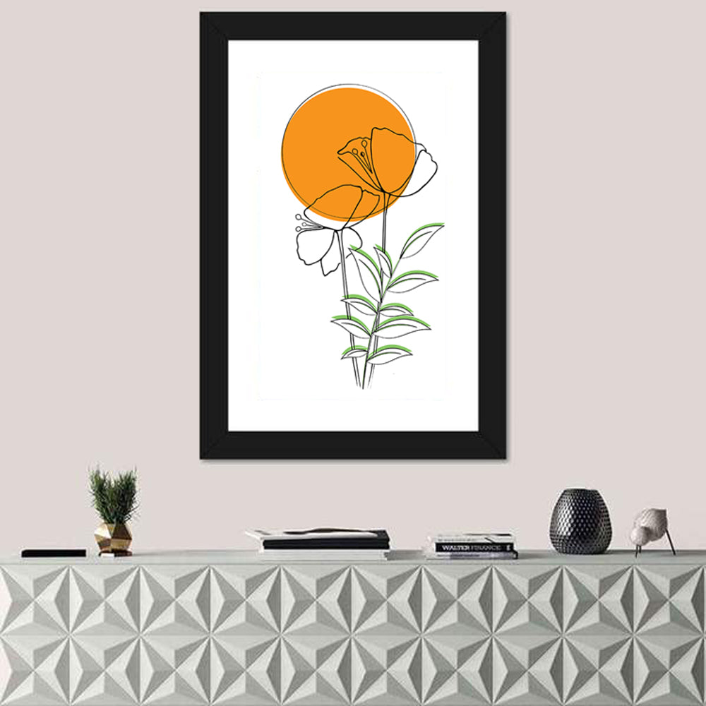 Orange Circle Floral Line Wall Art in a room, portrait
