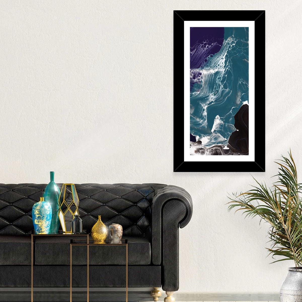Teal and Purple Marble Texture Wall Art in a room, portrait