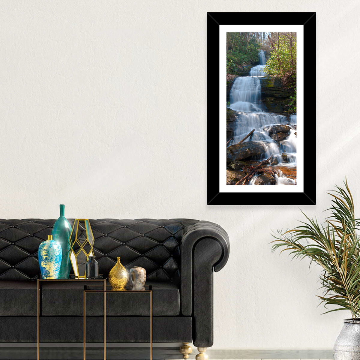 Desoto Falls Cascading Waterfall Wall Art in a room, portrait