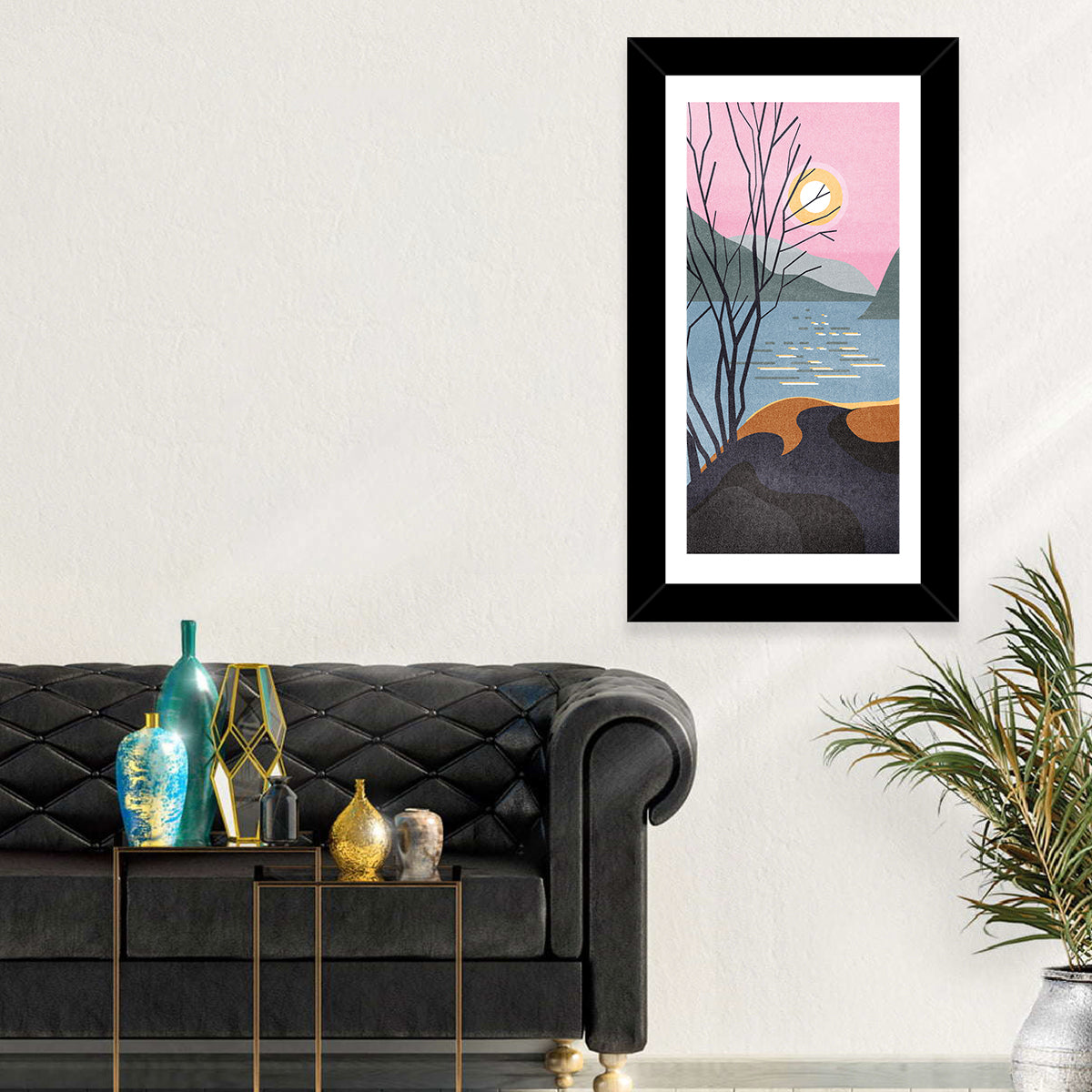 Sunset Over Lake with Bare Tree Wall Art in a room, portrait