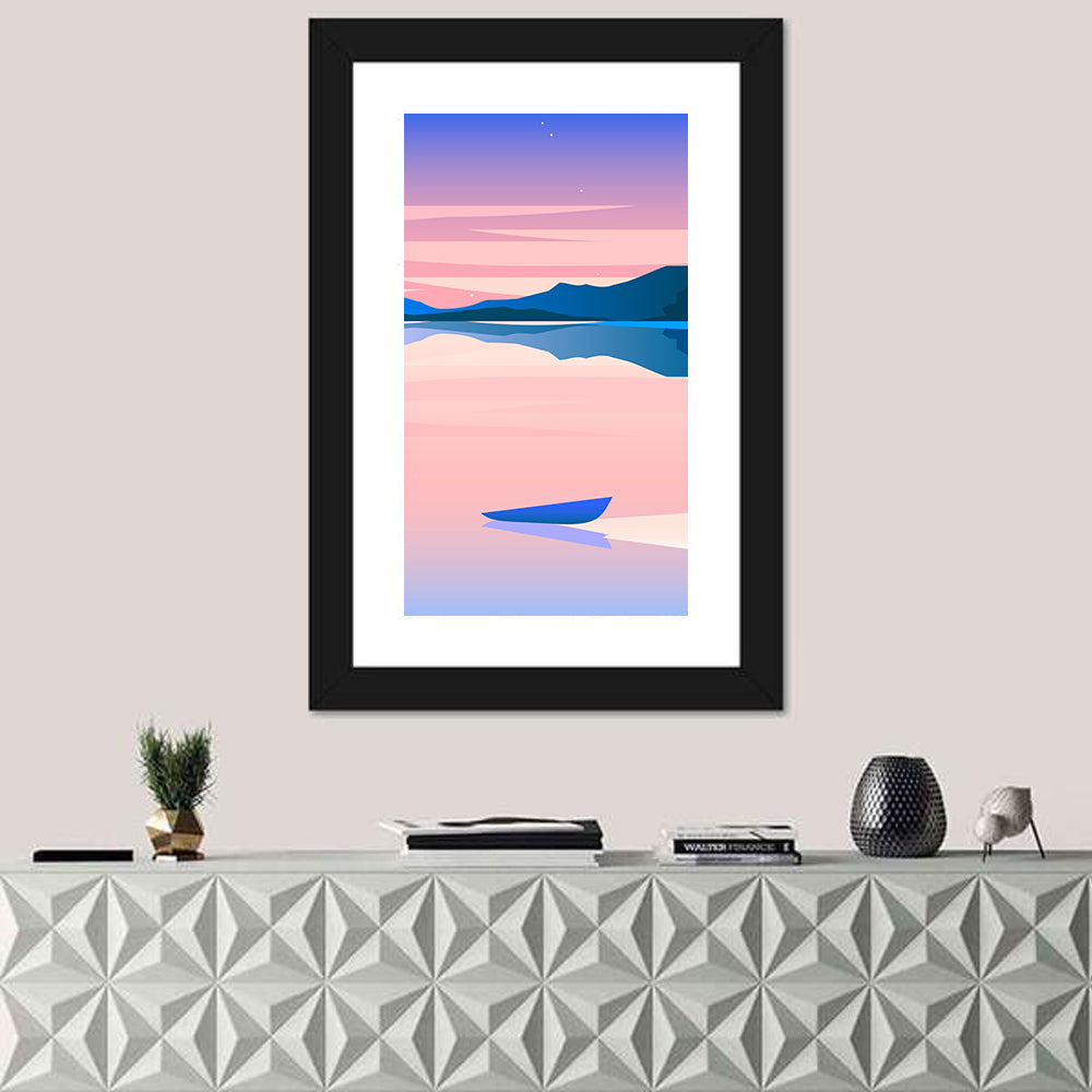 Geometric Lakeside at Dusk Wall Art in a room, portrait