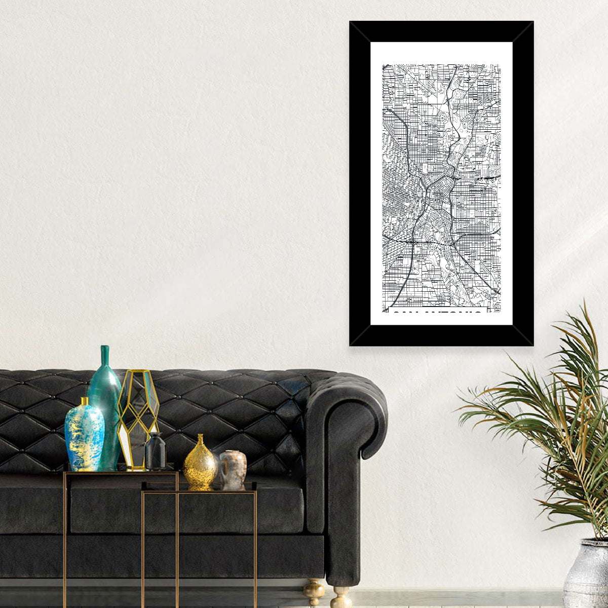 San Antonio Minimalist City Map Wall Art in a room, portrait