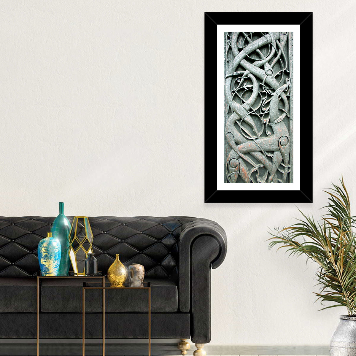 Norwegian Urnes Wood Carving Wall Art in a room, portrait