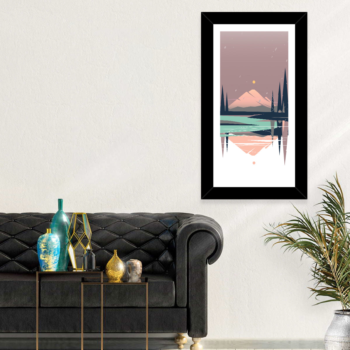 Dusk Mountain Lake Reflection Wall Art in a room, portrait