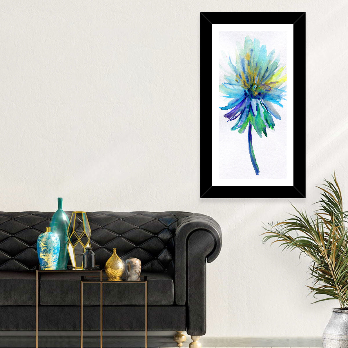 Ethereal Blue Watercolor Flower Wall Art in a room, portrait
