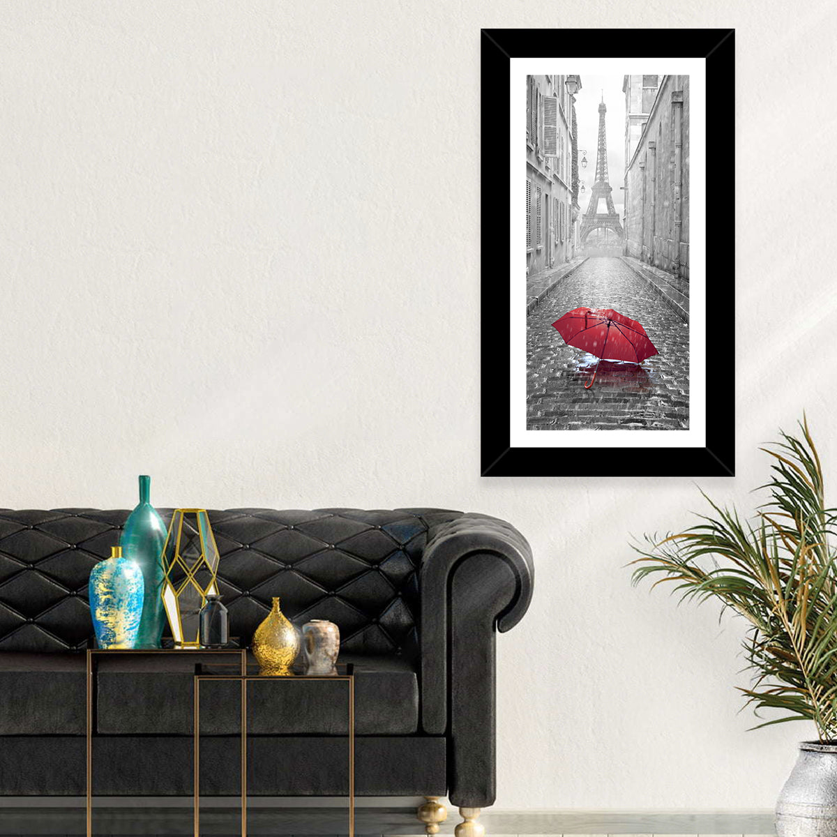 Eiffel Tower on Rainy Street Wall Art in a room, portrait
