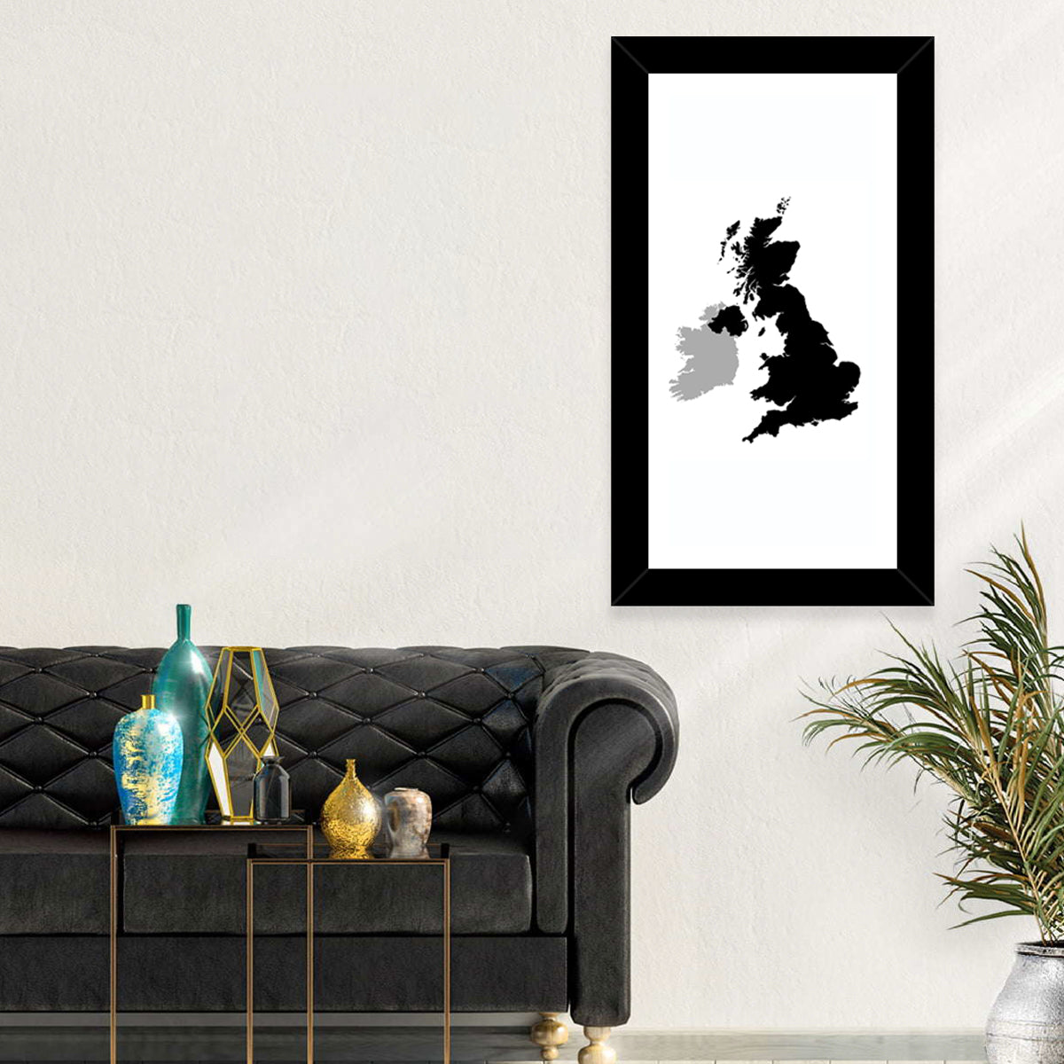 United Kingdom Silhouette Map Wall Art in a room, portrait