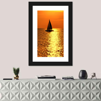 Sailboat Silhouette at Golden Sunset Wall Art