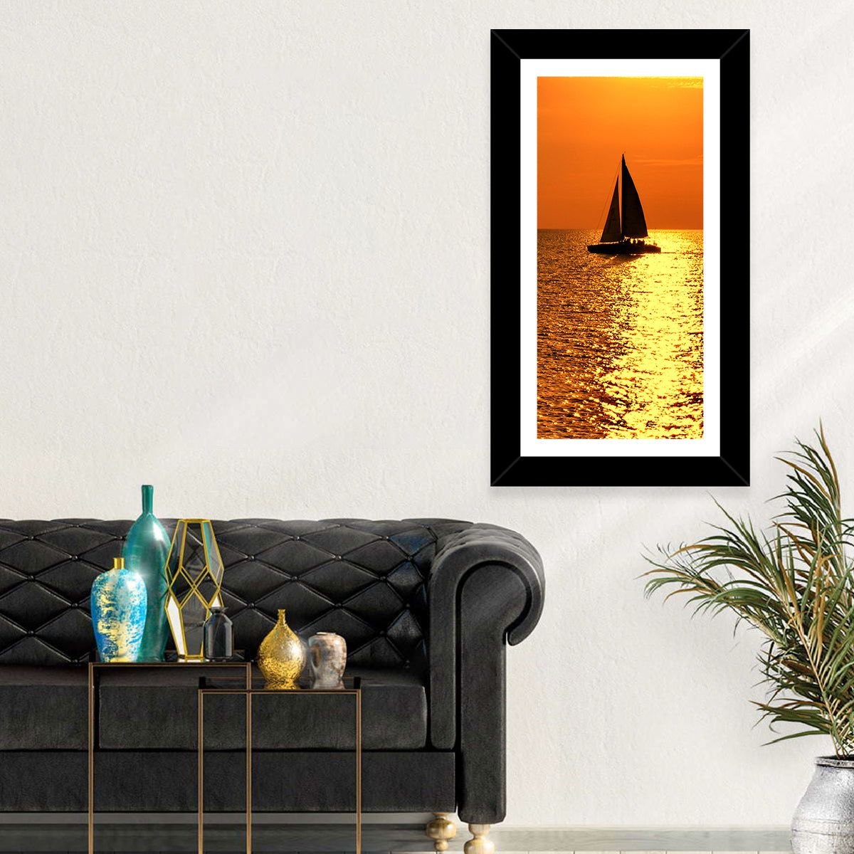Sailboat Silhouette at Golden Sunset Wall Art