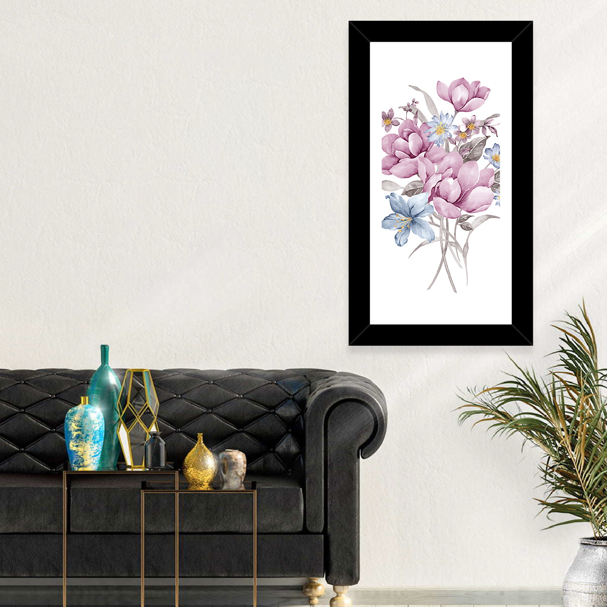 Pink Watercolor Bouquet Illustration Wall Art in a room, portrait