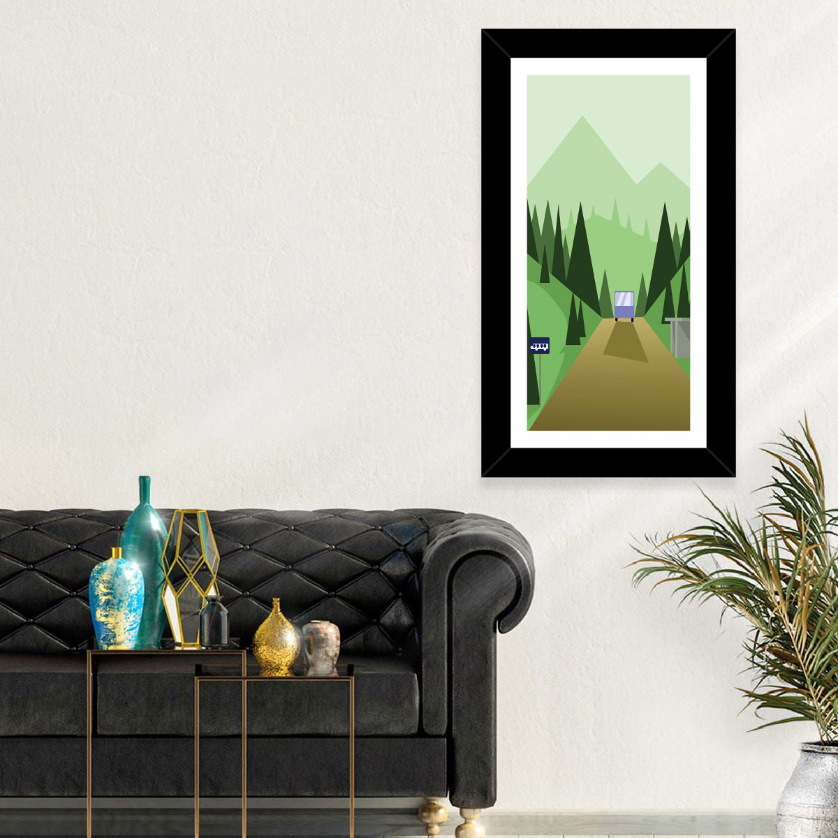 Mountain Road Bus Stop Illustration Wall Art in a room, portrait