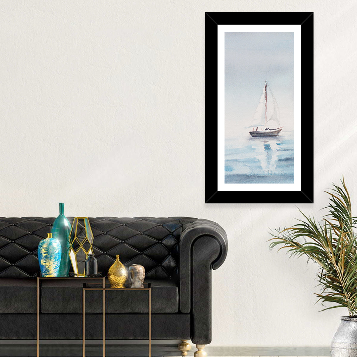 Sailboat on Calm Sea Wall Art in a room, portrait