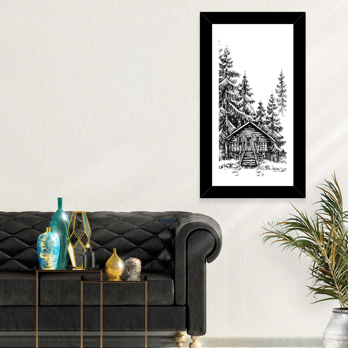 Log Cabin Sketch Wall Art in a room, portrait