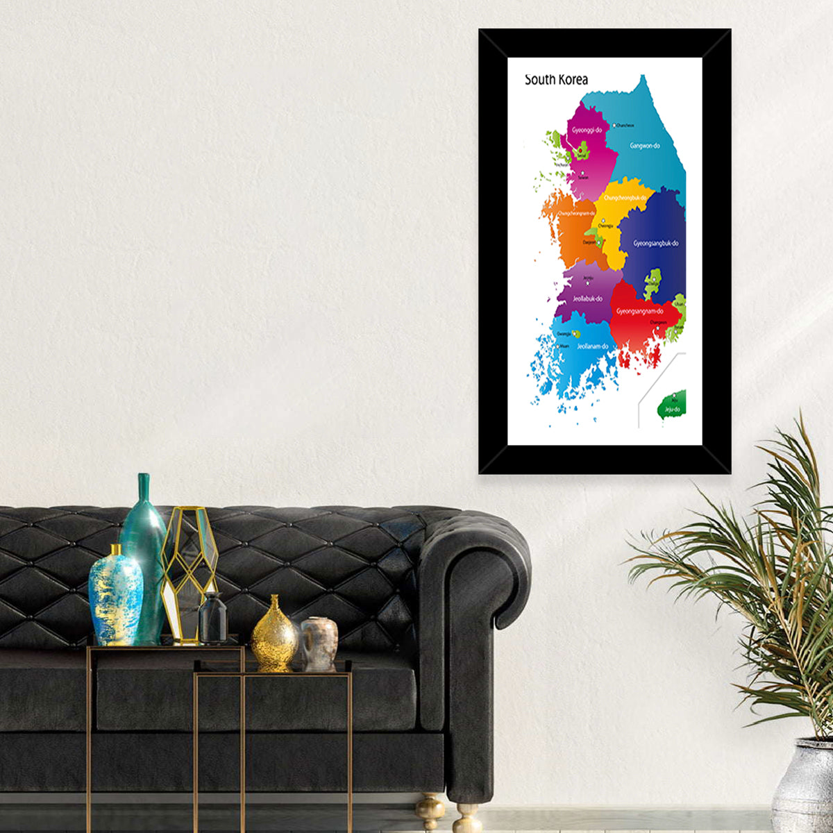Colorful South Korea Map Wall Art in a room, portrait