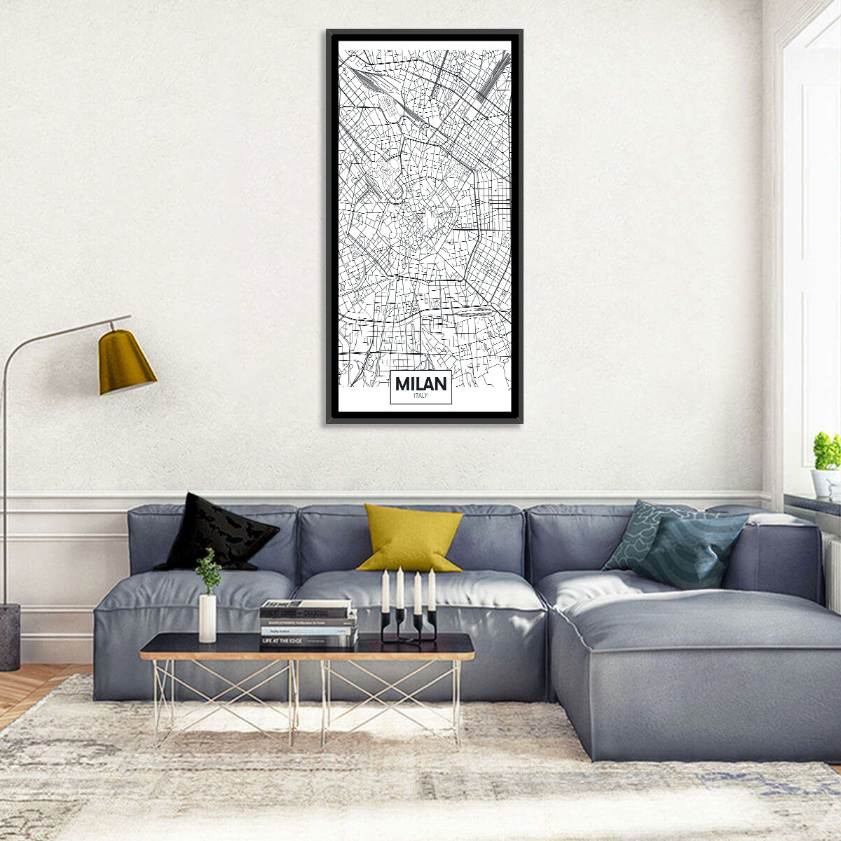 Milan City Map Wall Art in a room, portrait