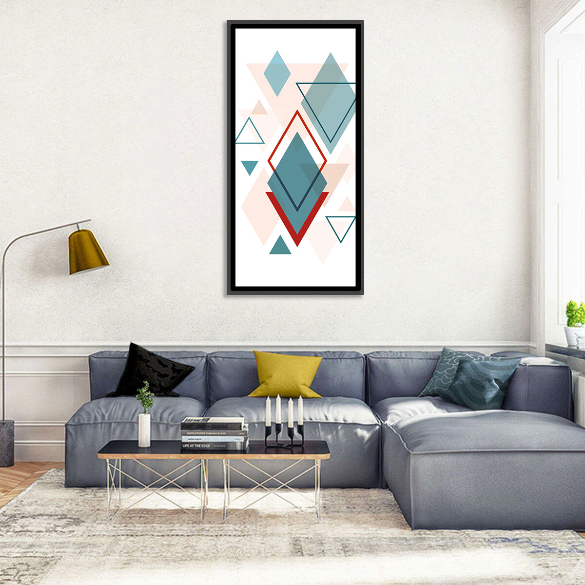 Scandinavian Teal Geometric Abstract Wall Art in a room, portrait