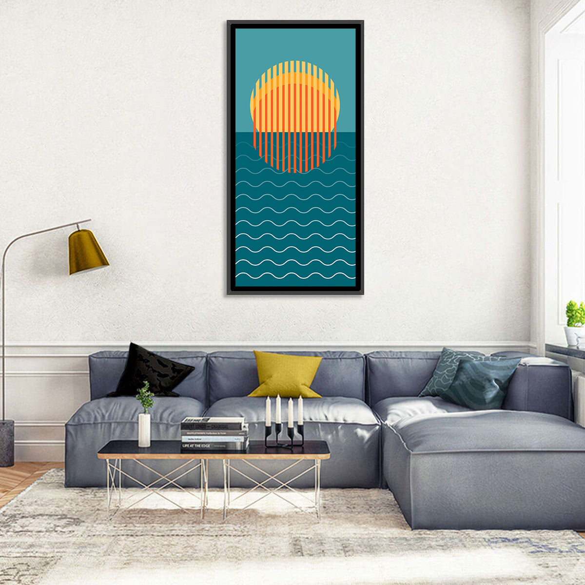 Geometric Ocean Sunset Wall Art in a room, portrait
