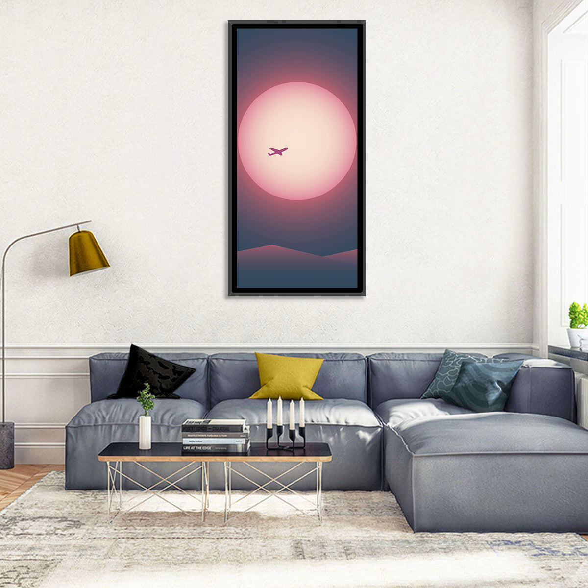 Twilight Airplane Over Mountains Wall Art in a room, portrait
