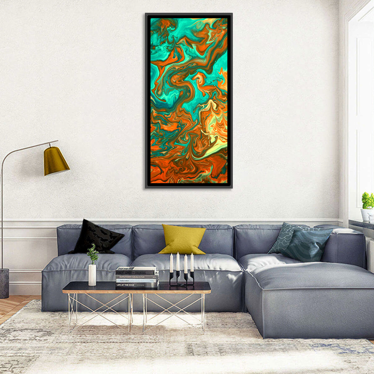 Blue Streams Abstract Wall Art in a room, portrait