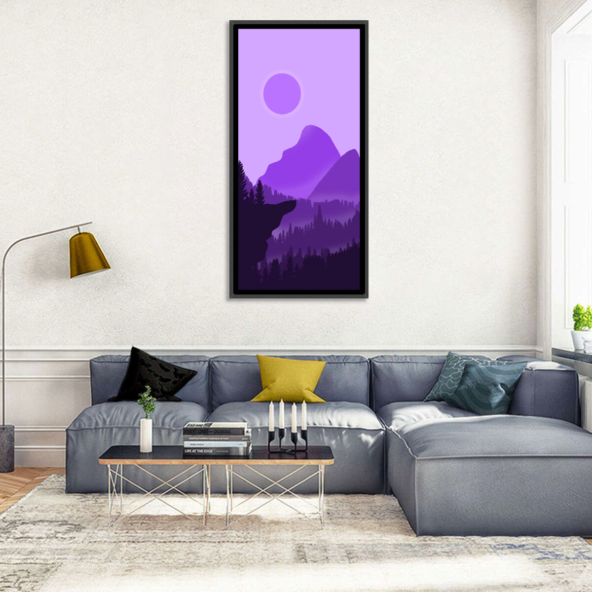 Purple Mountain Dusk Wall Art in a room, portrait