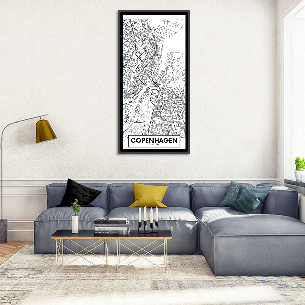 Copenhagen City Map Wall Art in a room, portrait