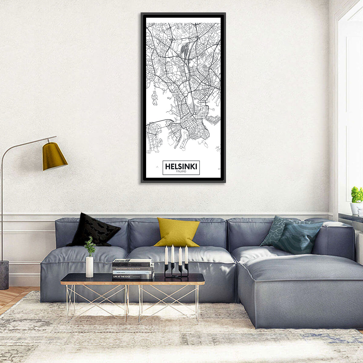 Helsinki Street Grid Map Wall Art in a room, portrait
