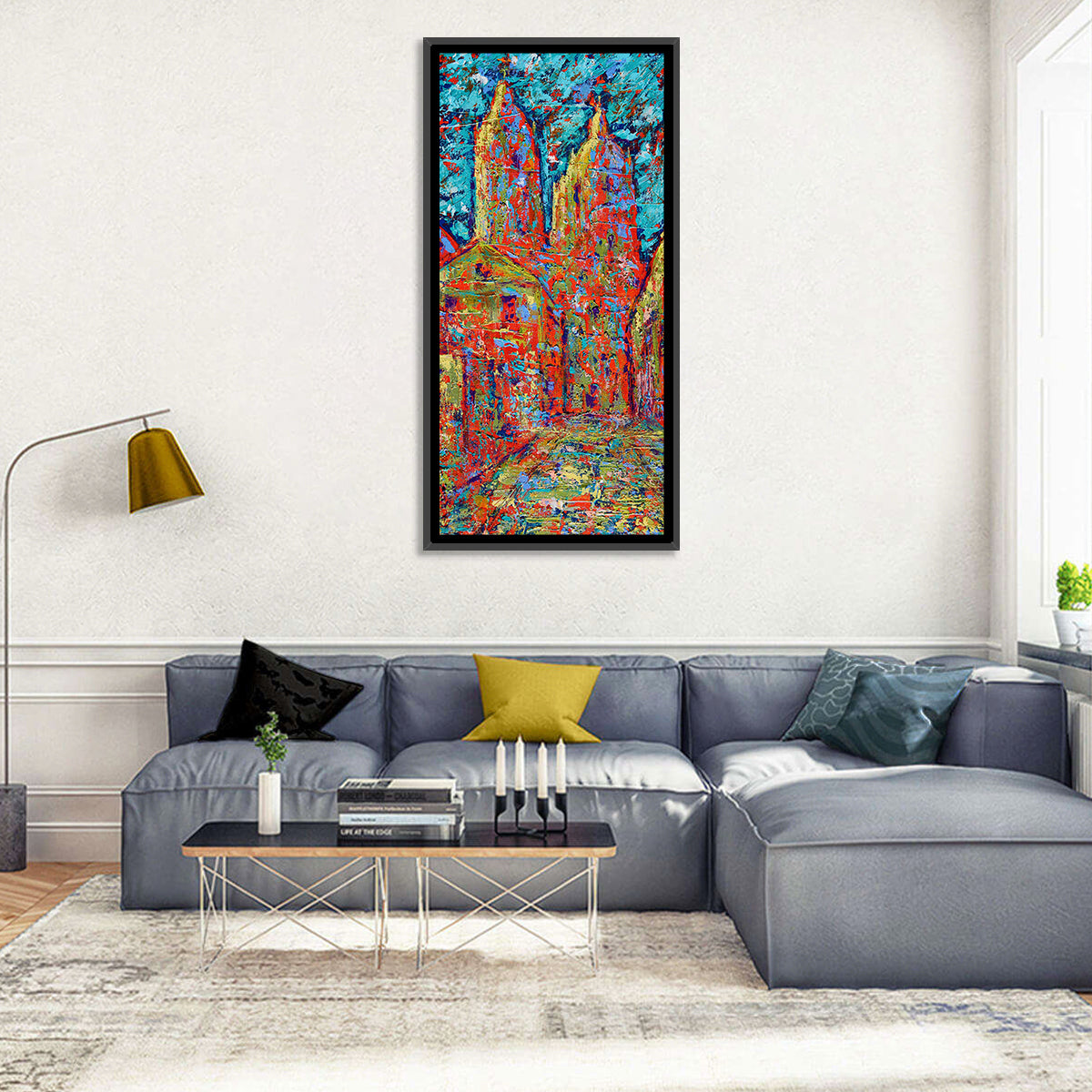Gothic Spires Cityscape Wall Art in a room, portrait