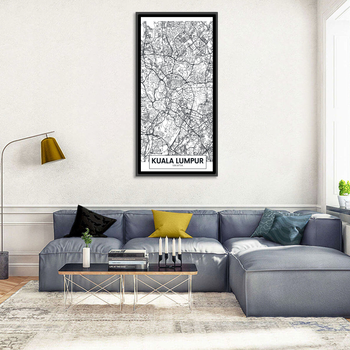 Kuala Lumpur Street Grid Map Wall Art in a room, portrait
