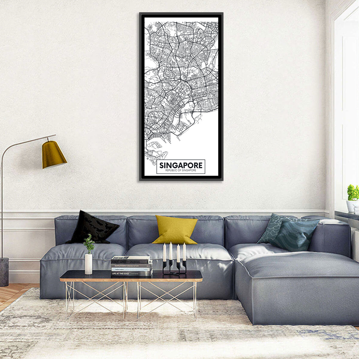 Singapore Minimalist City Map Wall Art in a room, portrait
