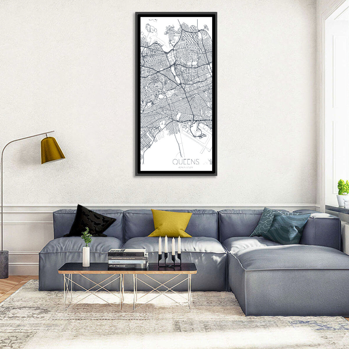 Queens Map with Jfk Airport Wall Art in a room, portrait