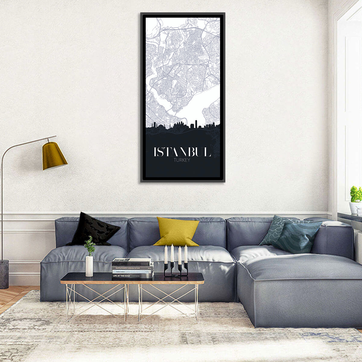 Istanbul Map and Skyline Wall Art in a room, portrait