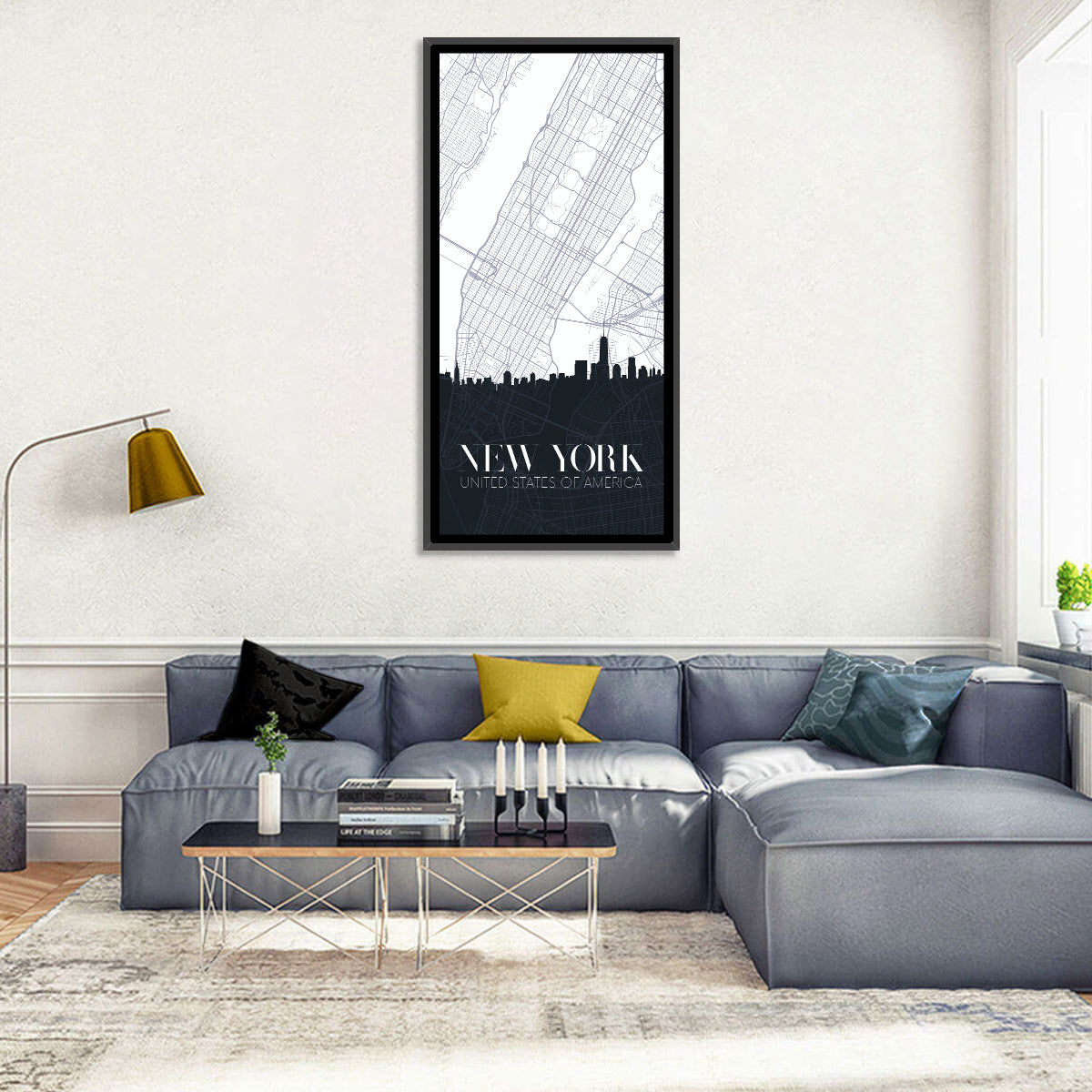 Manhattan Map with Skyline Wall Art in a room, portrait
